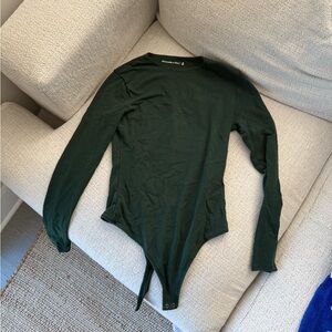 A&F Long Sleeve Cotton Blend Seamless Fabric Crew Bodysuit - Dark Green